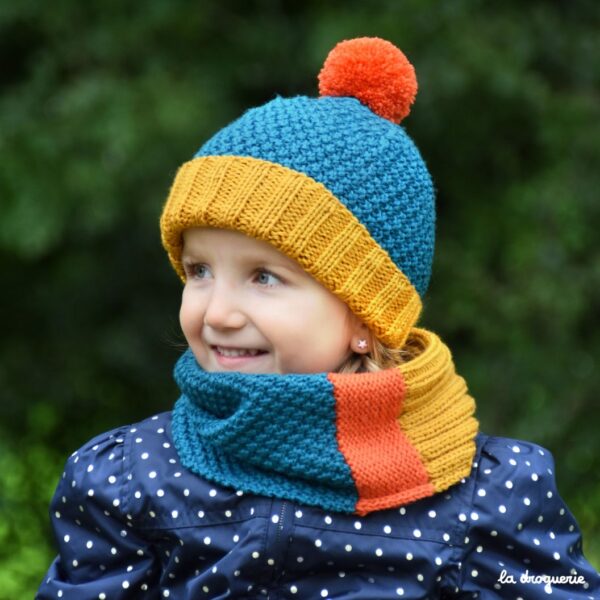 Ensemble bonnet + snood + gants ou moufles colorblock fille