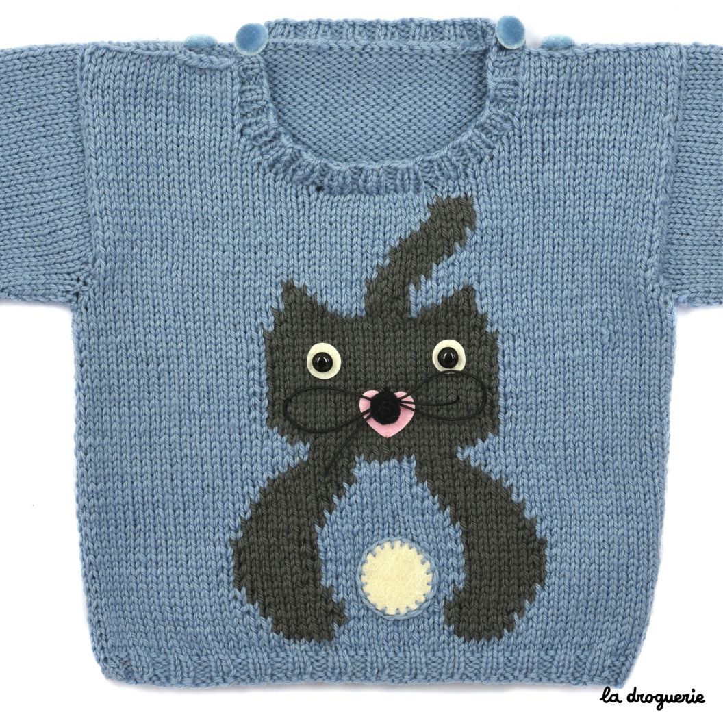 Fiche du pull er du bonnet bébé Le chat joue avec sa pelote - La Droguerie